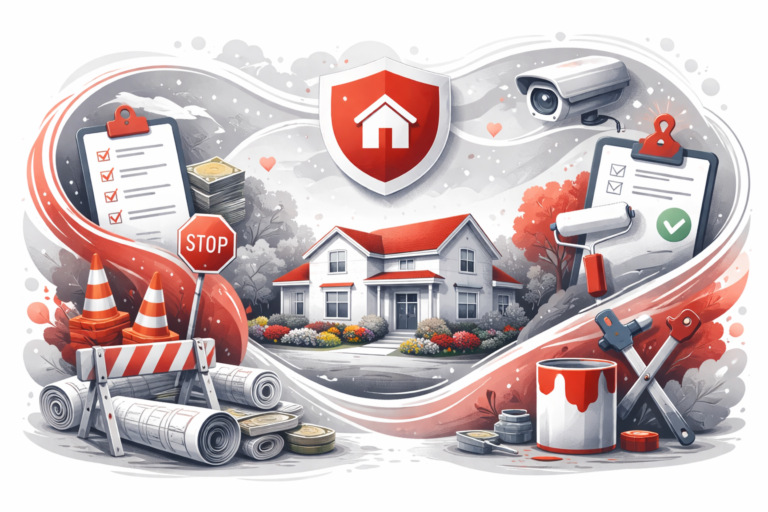 Illustrated suburban home surrounded by symbols of HOA rules, renovation limits, fees, and surveillance in a red, gray, and white color palette.